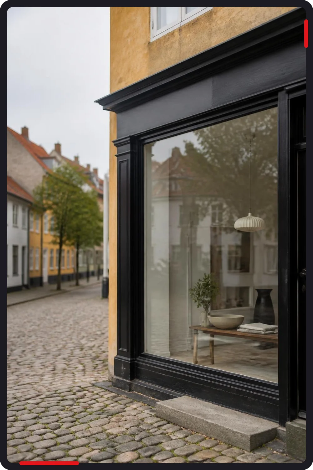 Glarmester i Hillerød: stor butiksrude i sort ramme i byhus på brostensgade